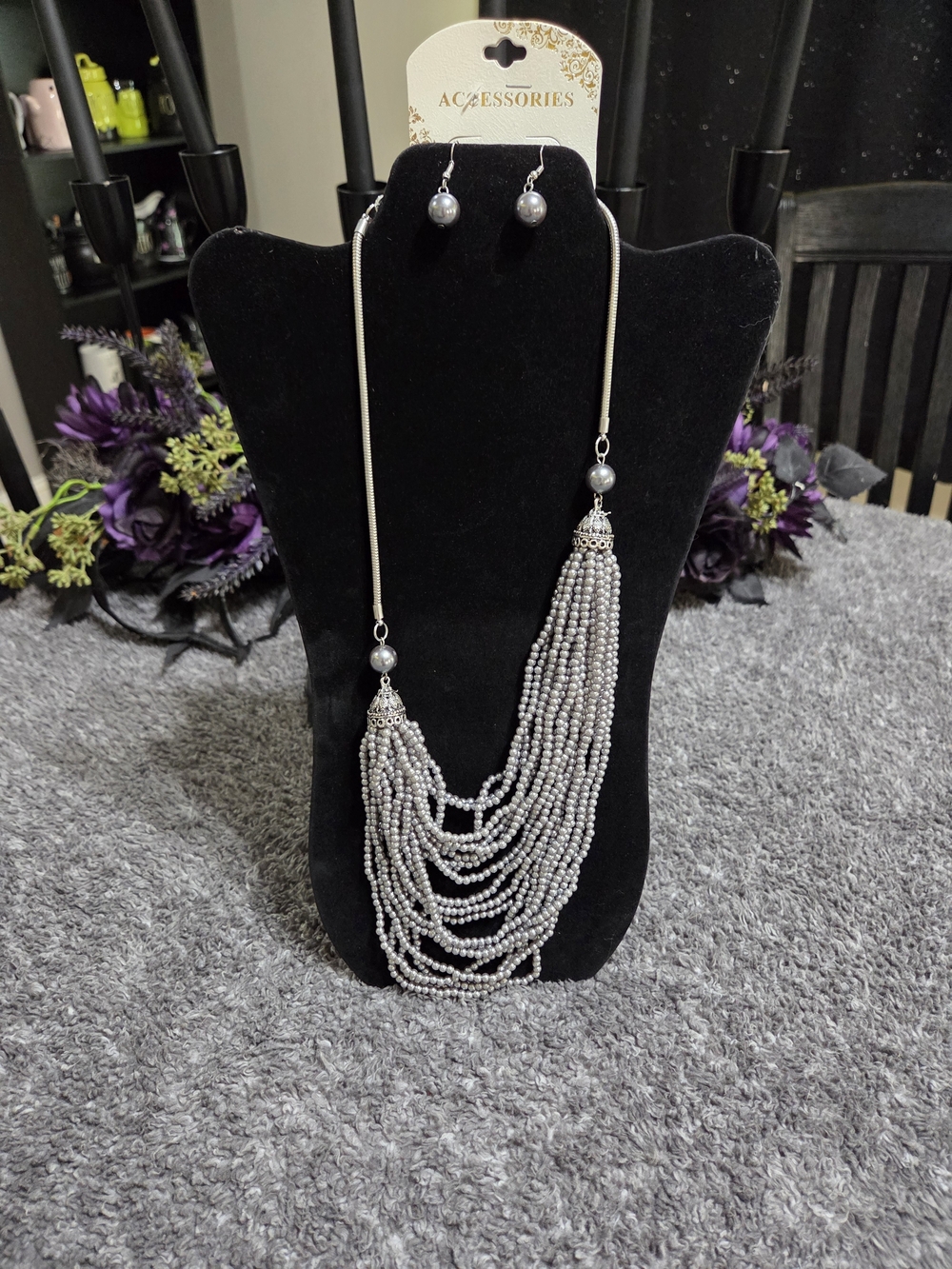 Accessorize Silver-Tone Multi-Strand Beaded Necklace with Matching Earrings